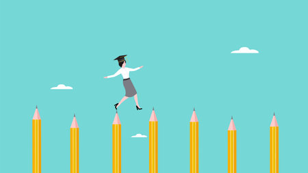 journey to reach higher education, motivation to study harder, cost to graduate high degree education, the way to achieve high education, woman crosses the pole from pencil to educational successのイラスト素材