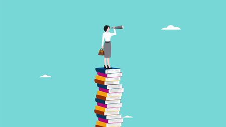 education for career opportunity, business skill for future success, personal improvement for skill development, business woman climbing a stack of books to see the opportunity for successのイラスト素材