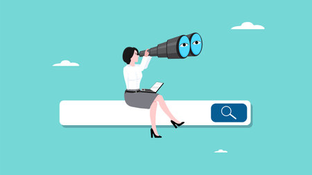 looking for career or job opportunities, find new strategy to success, looking for job vacancy, analysis or observation concept, business woman sitting on search box with binoculars to do researchのイラスト素材