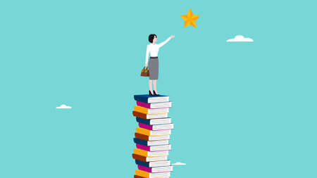 financial success with business opportunity, business woman climbing a pile of gold coins to reach the star of hope of successのイラスト素材