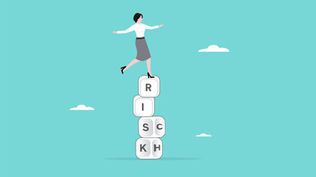 risk management to getting rich, strategy to achieve success in business, rich with risk concept, smart business woman balancing a pile of cubes with rich and risk written on the sideのイラスト素材