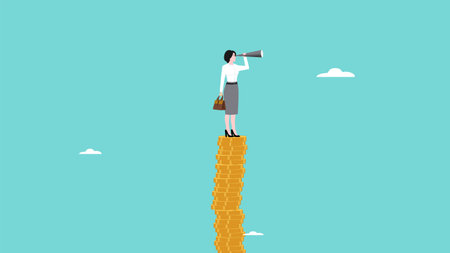 opportunity cost, potential forgone profit from a missed opportunity, the best alternative in determining business decisions, business woman climbing a pile of coins to see business opportunitiesのイラスト素材