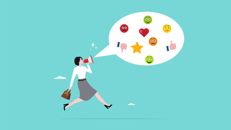 customer experience, comments regarding service or product quality, CX or UX user experience, customer feedback, woman using megaphone giving experience rating with speech bubble and feedback iconのイラスト素材