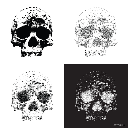 Collection of stylized bony skeleton of the face, design elements In Monochrome. vintage Skulls Illustrations in pointillism styleのイラスト素材
