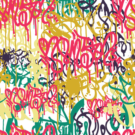 Colorful seamless pattern. Graffiti hand style old school doodles street art illustration. Composition with tags, signs, elements for skate board, street clothing streetwear wallpapers textile fabricのイラスト素材