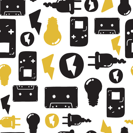 Original youth seamless patterns, repeating image for using pattern on any items, T-shirts, wallpaper, curtains. White black and yellow colorsのイラスト素材