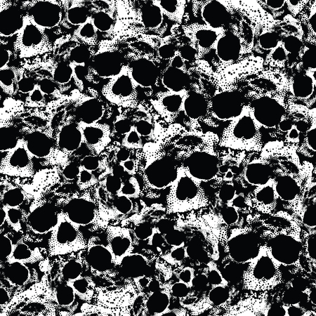 Black and white human skull grunge seamless pattern, isolated vector backgroundのイラスト素材