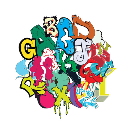 Graffiti modern art print, a variety of colorful letters arranged in a circleのイラスト素材