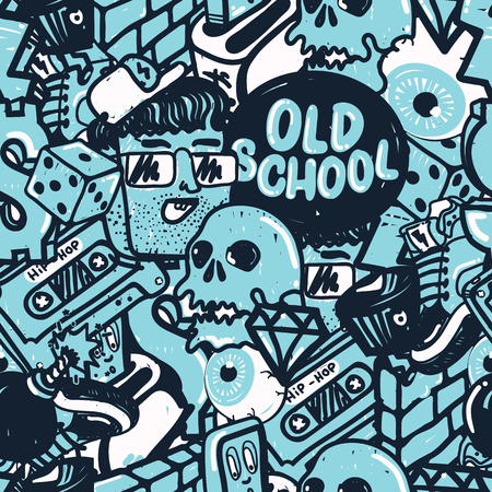 Original youth seamless patterns, repeating image for using pattern on any items, T-shirts, wallpaper, curtains. Blue and black colorsのイラスト素材