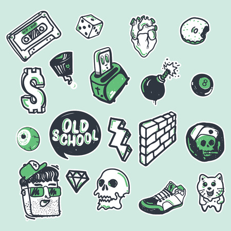 Fashion patch badges with old school elements with white tracings. Colorful illustration isolated on color background. Set of stickers, pins, patches in graffiti styleのイラスト素材