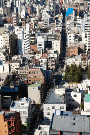 TOKYO, JAPAN - FEBRUARY 2015: Top view over residential building on FEBRUARY 11, 2015 in Asakusa, Tokyo. Asakusa is a famous tourism district with famous temple, Sensoji, located in Asakusa.のeditorial素材
