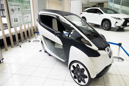 TOYOTA, JAPAN - NOVEMBER 13: Toyota iRoad displays at Toyota Kaikan Museum on November 13, 2015. Toyota i-Road is a three-wheeled electric vehicle in a size of motorcycle.のeditorial素材