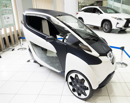 TOYOTA, JAPAN - NOVEMBER 13: Toyota iRoad displays at Toyota Kaikan Museum on November 13, 2015. Toyota i-Road is a three-wheeled electric vehicle in a size of motorcycle.のeditorial素材