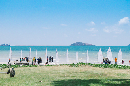Chonburi - April 9: Windsurfing line at beach in Sattahip, Chonburi on April 9, 2016. Sattahip is a district in Chonburi province, located in east of Thailand.のeditorial素材