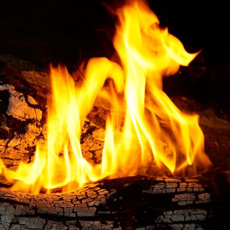Flame tips on the firewood. 
