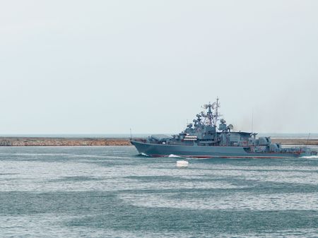 Russian warship go out from the bay.の写真素材