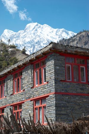 Tibetan village in Himalayan mountain with blue sky. の写真素材