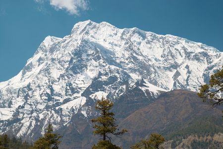 Snowy Tibetan mountains, view from Annapurna trekの写真素材
