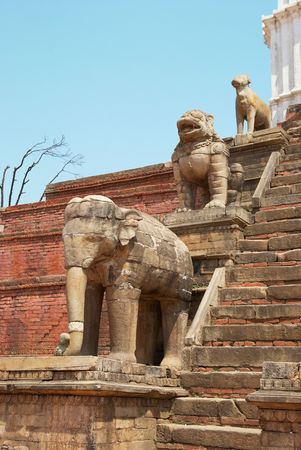 Old buddhistic statues on Bhaktapur Square. Kathmandu, Nepalの写真素材