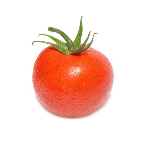 Red tomato with water drops isolated on white backgroundの写真素材