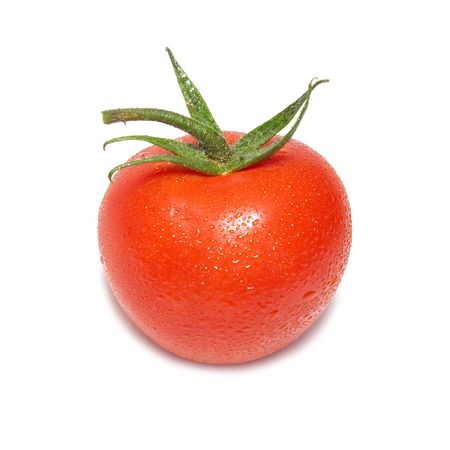 Red tomato with water drops isolated on white backgroundの写真素材