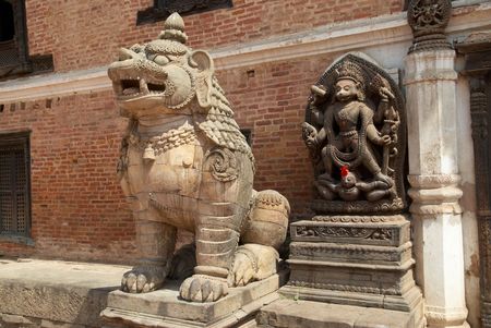Old buddhistic statues on Bhaktapur Square. Kathmandu, Nepalの写真素材