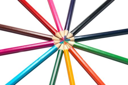 Circle of colored pencils with white isolationの写真素材