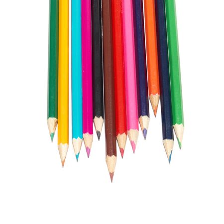 Raw of colored pencils with white isolationの写真素材