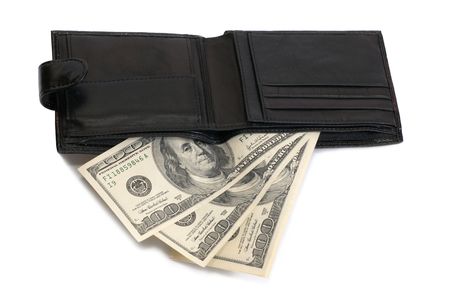 Purse with dollars isolated on white backgroundの写真素材