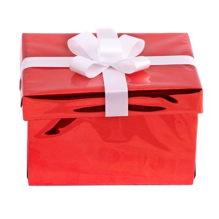 Red gift box isolated on white backgroundの写真素材