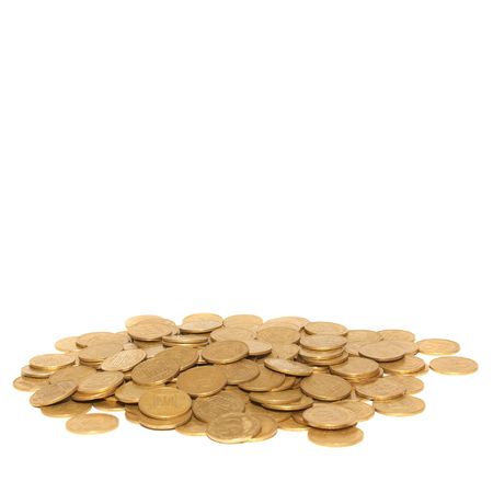 Stack of golden coins with copyspace isolated on whiteの写真素材