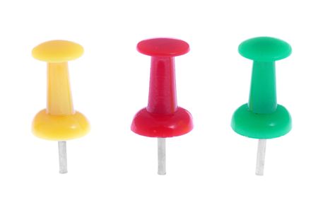 Three colored pins isolated on white backgroundの写真素材
