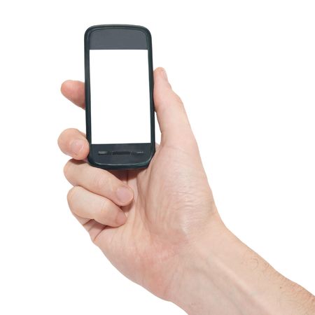 Mobile phone in the hand isolated on whiteの写真素材