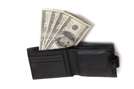 Wallet with dollars isolated on white backgroundの写真素材