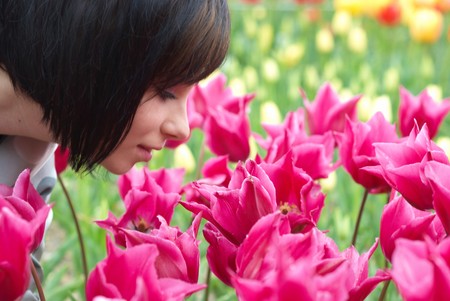 Pretty girl with tulips with soft backgroundの写真素材