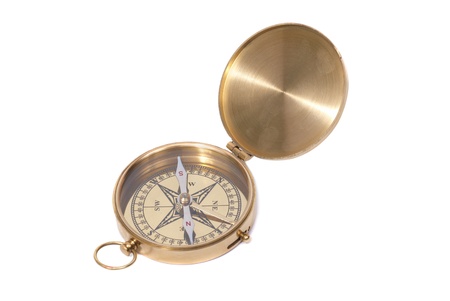 Golden ancient compass isolated on white backgroundの写真素材