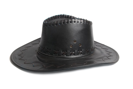 Black leather cowboy's hat isolated on white backgroundの写真素材