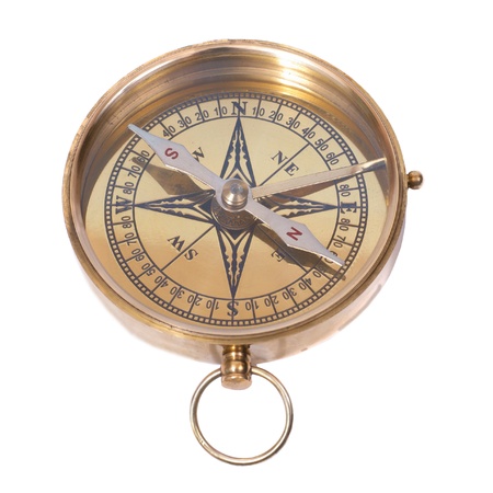 Golden ancient compass isolated on white backgroundの写真素材