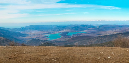 Panoramic sunset above the lake. Panorama, landscape with clouds and sky.の写真素材