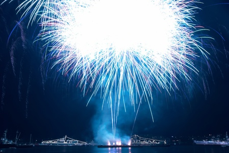 Colorful fireworks with copyspace on the black sky backgroundの写真素材