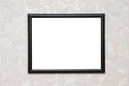 Empty blank black isolated photo frame on white wallの写真素材