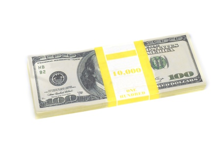 Stack of money- cash of US dollars isolated on white backgroundの写真素材