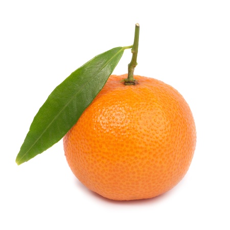 Orange mandarin with green leaf isolated on white backgroundの写真素材