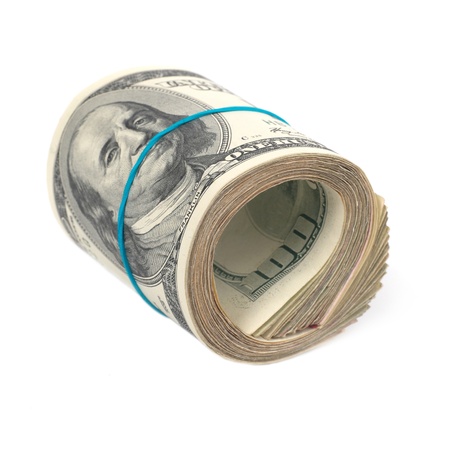 Roll of money- cash of US dollars isolated on white backgroundの写真素材