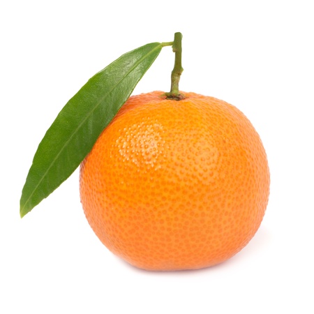 Orange mandarin with green leaf isolated on white backgroundの写真素材