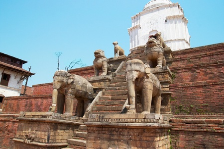 Old buddhistic statues on Bhaktapur Square  Kathmandu, Nepalの写真素材