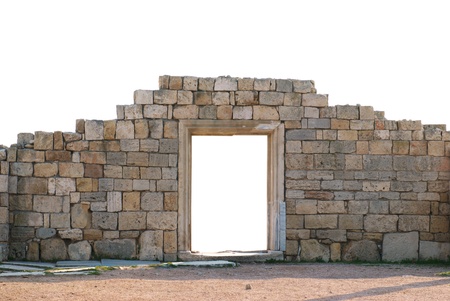 Ancient wall with door isolated on white backgroundの写真素材