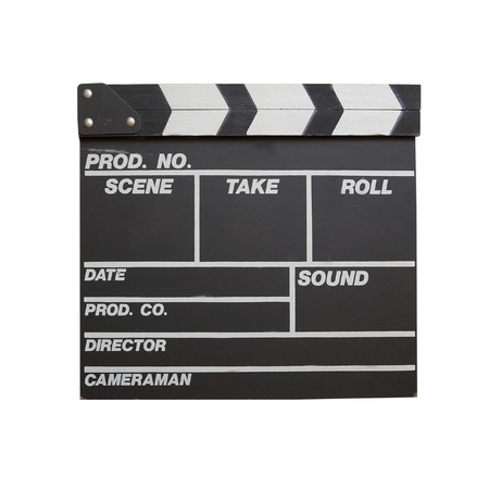 Black clapper board isolated on white backgroundの写真素材