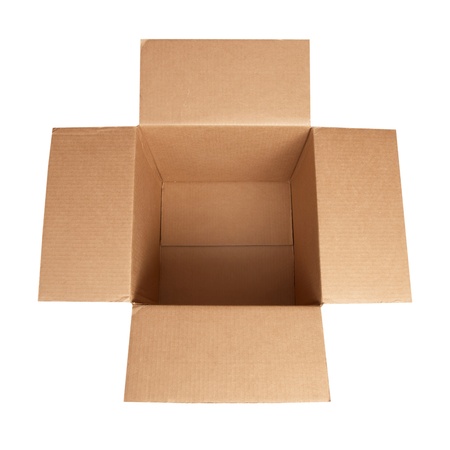 Open carton box isolated on white backgroundの写真素材