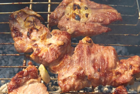 Roasted meat with spices on the barbecueの写真素材